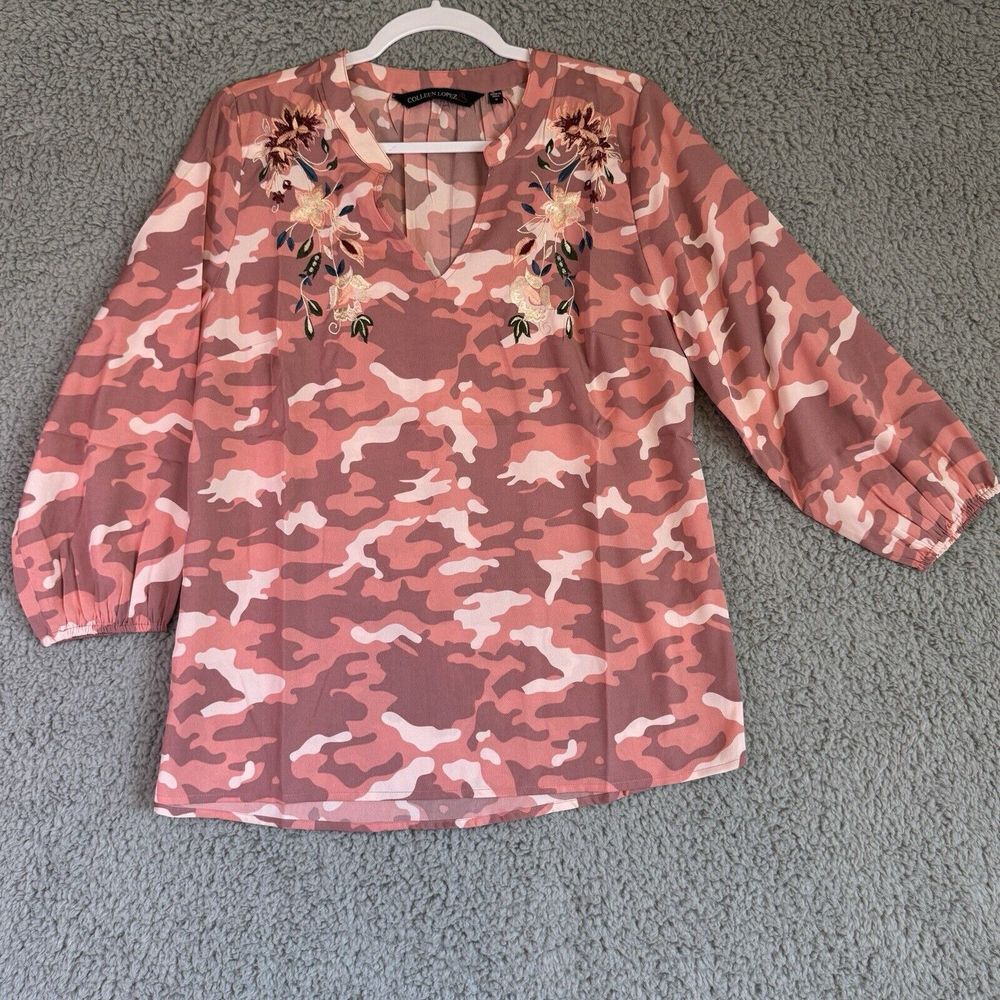 Colleen Lopez Tunic Top Womens‎ 3/4 Sleeve Orange Camo Embroidered V Neck M New